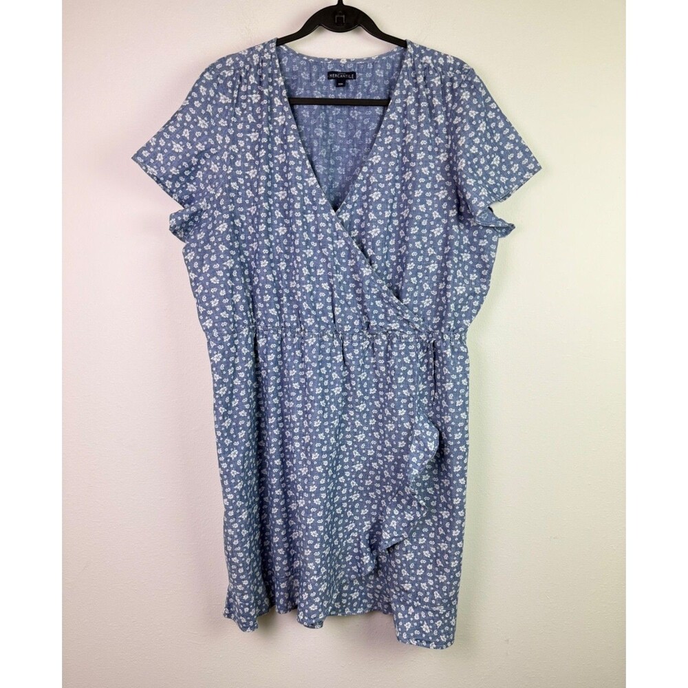 J.Crew Mercantile XXL Blue Floral Faux Wrap Dress Ruffle Cottagecore Feminine - Picture 2 of 10